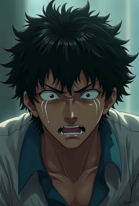 Man with a tearful anime-style baseball perm