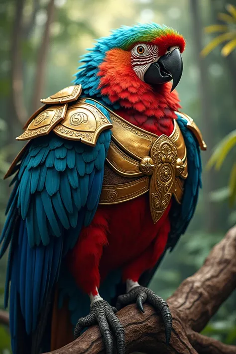 "A majestic macaw with vibrant feathers in shades of blue, red, and yellow, exuding a powerful and fearless presence. It wears intricately designed armor made of gold and leather, adorned with tribal engravings and ornamental feathers. The macaws expressio...