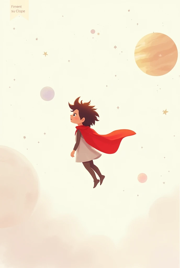 Create a little space traveler with a red cape and brown hair , He must be floating in the sky, The background of the image must be White with some planets and stars