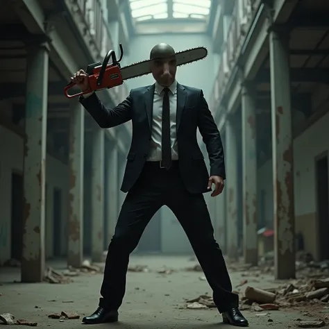 A person in a business suit stands in a dynamic pose, holding a chainsaw over their shoulder instead of a hammer. The setting is an industrial or abandoned building with visible decay and debris on the floor, creating an atmosphere of intensity and action....