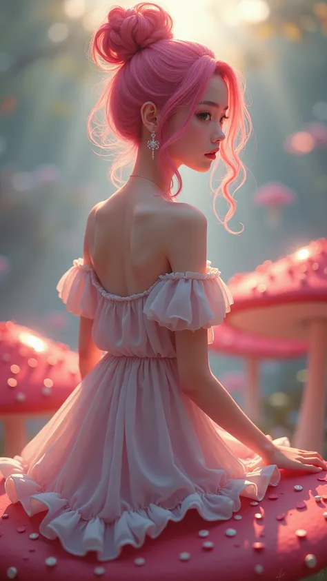 1 asian girl, beautiful 18 year old girl, pink hair in a bun, bare shoulders, sitting on a giant mushroom, elegant, chic, modern, fashionable, muted colors, soft lighting, art nouveau, psychedelic anime style, colorful, trippy, (best quality,4k,8k,highres,...