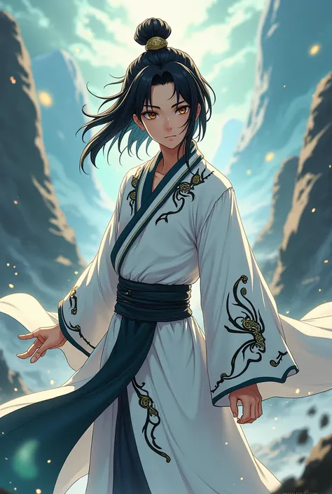 Create a murim cultivator ,  chinstrap with medium black hair, wears a white robe with black details,  with brown eyes,  high. I want it in the form of an anime webtoon