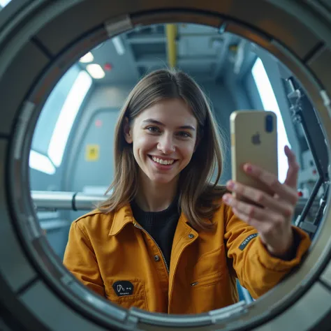 a mathematics student, (female), 25 year old, european, brown hair, hyperrealistic, ultrahd, 4k, smiling, taking a selfie on a spacestation