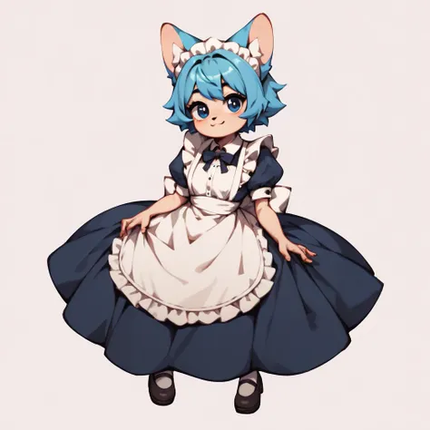 ,short light blue hair fluffy , dark blue eyes,cute face, long maid clothes,  full body ,