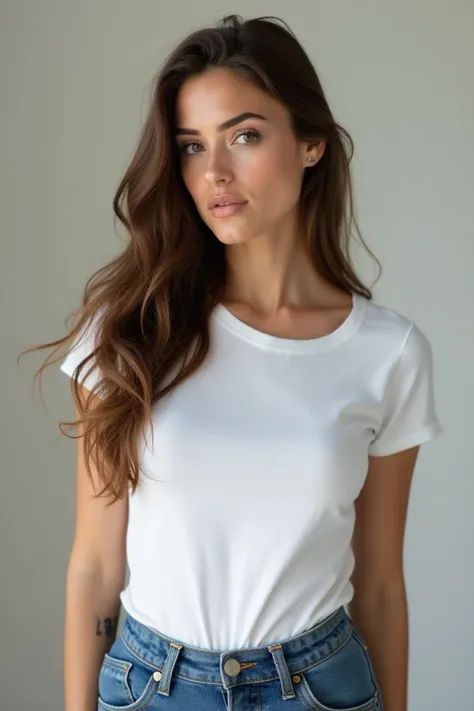 A very beautiful 27-year-old woman with an all white T-shirt and blue denim pants with big breasts and long brown hair. 