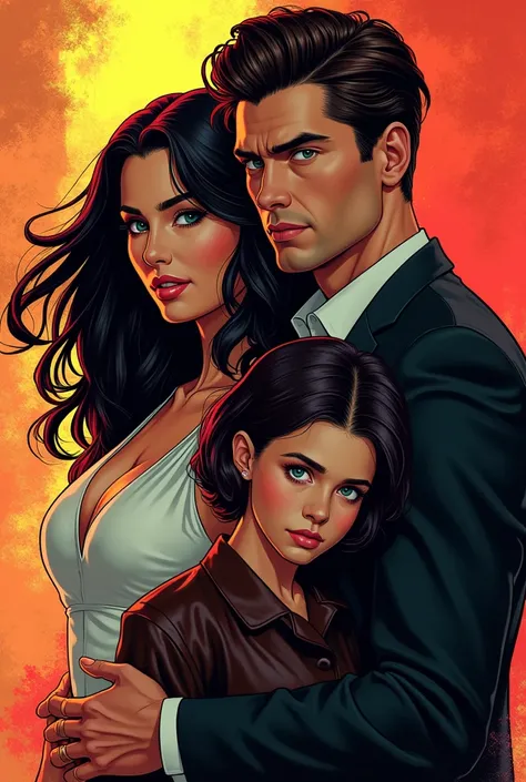  Create a comic book cover image of a mother,  daughter and her daughters boyfriend , Mother has black hair ,  the mother must be beautiful and attractive ,  her daughter 18 years old and short dark brown hair her boyfriend,  handsome 18 years old dark bro...