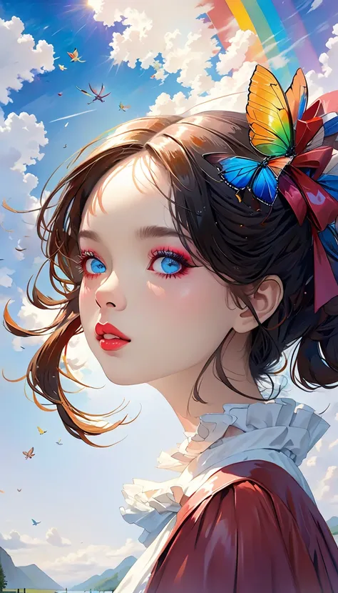 One woman, close-up of face, soaring female image **** of ribbon, smoking, in the sky, bright colors, mysterious colors, modern impressionism, portraiture Yanjun Cheng, rainbow painting, 3/4 perspective view, lovely face, low angle, wide rotation compositi...