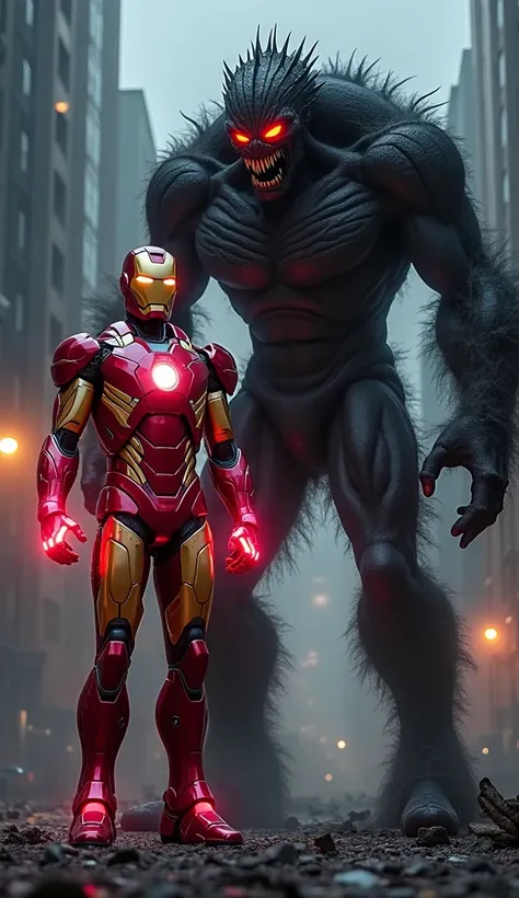 An ultra-realistic image of Iron Man standing side by side with a dark, menacing monster. Iron Man is depicted in his Mark 50 armor, glowing with vibrant red and gold tones, his repulsor rays shining brightly, in a heroic stance. The monster beside him is ...