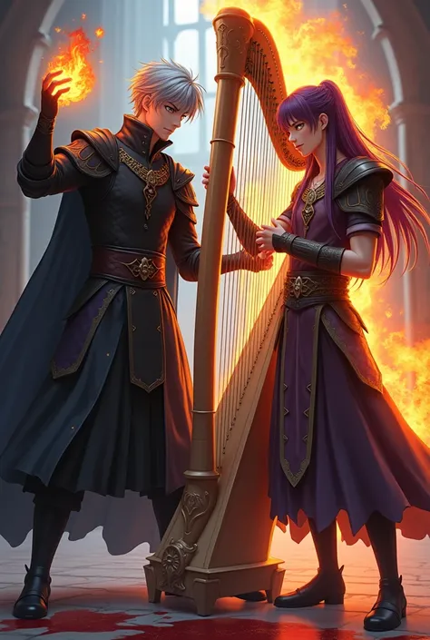 (anime style 3d) 1st person: a young man in his twenties, a curtain bangs silver short hair, grey eyes , tall, lean and fierce black leather scaled medieval clothing, fire in his hand.
2nd person: a young man in his twenties, long dark purple hair, golden ...