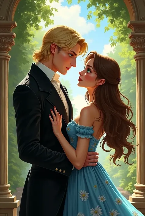 in a world of monarchy, oil fan art style illustration, by Magnus Lacrontte and Emily Malhore, fan art, animated ilustracion. He dresses ALL in black and she wears a blue dress with flowers
DRAW, He is blonde, tall and green eyes, she is short, brown hair ...