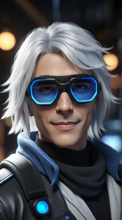 **A blue-glowing male with white hair and dark eyes, wearing black goggles, soft smiling and looking at the camera in an anime style.This character designed for game in unreal engine, and it is trending on Artstation. The image is of high resolution, high ...