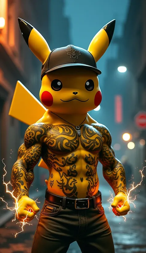 Reimagine Pikachu as a humanoid gangster with a muscular, tanned body, covered in tattoos of electric symbols, lightning bolts, and intricate designs across his chest, arms, and back. His body is human, with strong, well-defined muscles and a dark, tattooe...