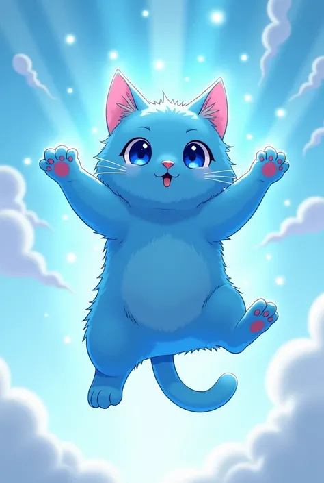 I created an anime-style illustration of a flying cat with a blue aura short American cat 