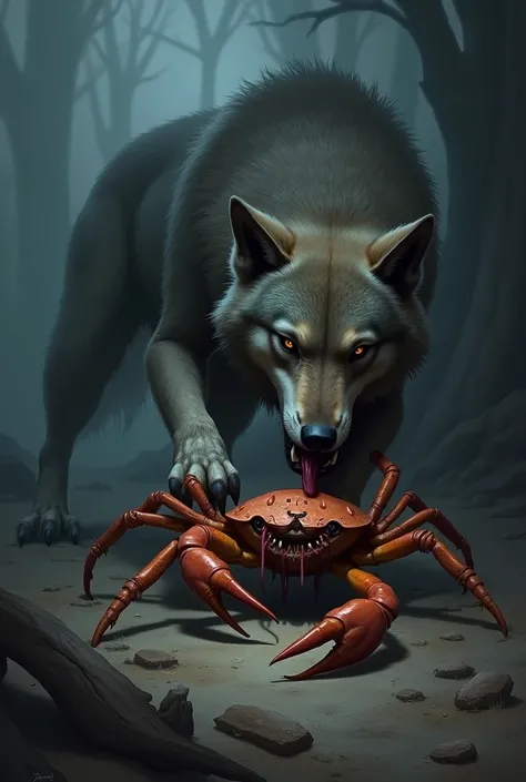 Wolf eating crab with a dark tint to reflect more on the characters 