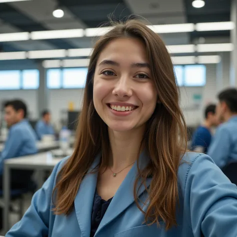 a mathematics student, (female), 25 year old, european, brown hair, hyperrealistic, ultrahd, 4k, smiling, taking a selfie in a laboratory