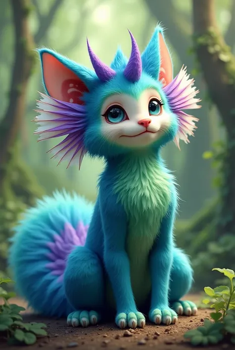 A cat mixed with a monkey, a bird and a chameleon in blue and green with fans at the beginning of the tail and on the head on the forehead a kind of very small horns in purple or purple and the tail should have fans and be fluffy not orange. Only one tail ...