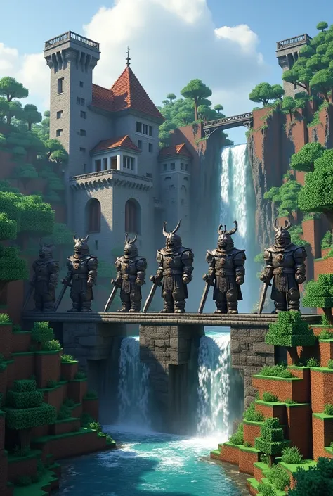 Create a Minecraft project with warrior statues that have a sword in their hands that guard a house or something similar and a waterfall must also be integrated