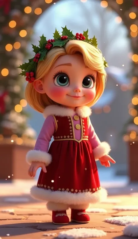 Disney Pixar style character Rapunzel baby with short hair that is standing and full body who has a Christmas costume