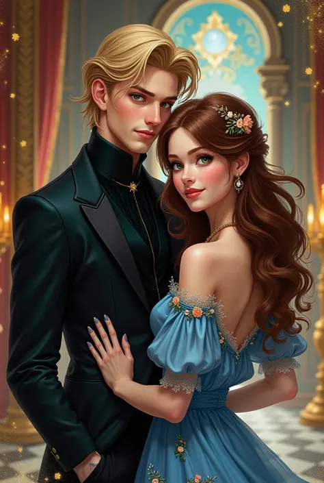 in a world of monarchy, oil fan art style illustration, by Magnus Lacrontte and Emily Malhore, animated ilustracion. He dresses ALL in black and she wears a blue dress with flowers
DRAW, He is blonde, tall and green eyes, she is short, brown hair and brown...