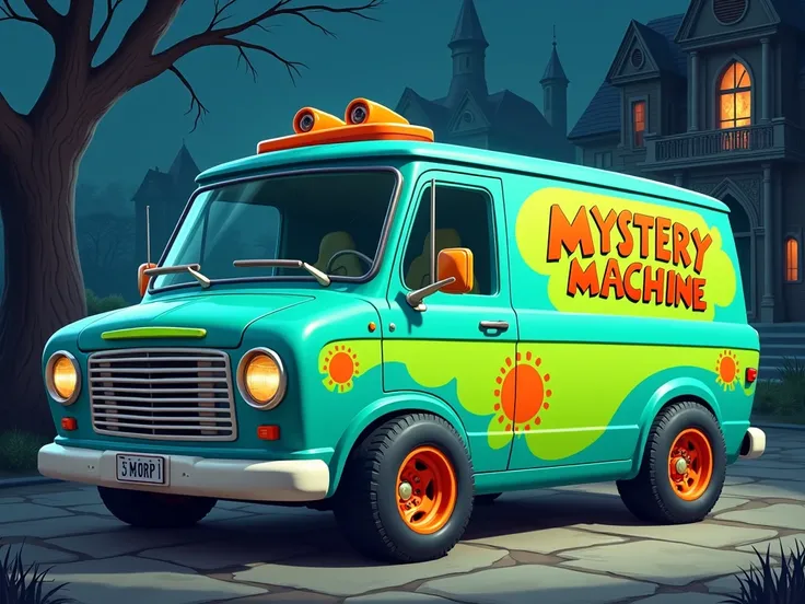 Create an image of the iconic Mystery Machine, the van from *Scooby-Doo*. The van is painted in vibrant colors with a bold and fun design: a bright turquoise base with psychedelic orange and green flower patterns on the sides. The Mystery Machine has large...