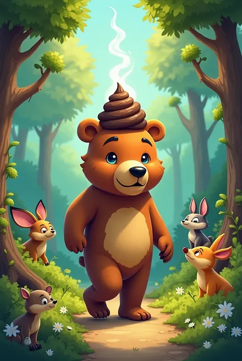 A cartoon bear casually strolling through a forest with a steaming pile of turd balanced atop its head like a bizarre crown, while woodland creatures look on in shock and amusement, styled in vibrant colors and exaggerated expressions