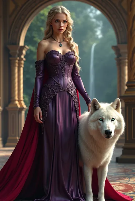  fantasy art , , ultra wide shot, CRU,  photorealistic ,  a picture of a woman and her  (White: 1.4)  pet wolf , the woman,  a beautiful and exquisite human woman , to hide, long blonde hair,  braided hair ,  green eyes, Dressing elegant purple leather dre...