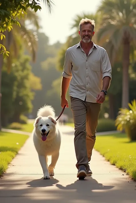 A man walking with his white dog
