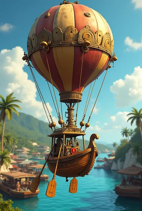  steampunk air balloon wooden boat old European style , Jamaica style reacts , oars 