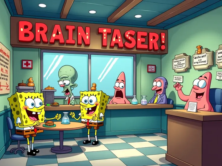 The Krusty Krab restaurant transformed into a brain teaser wonderland. SpongeBob flips puzzle patties at the grill, Patrick tastes test tubes of riddles, Squidward takes quiz orders at the register, Sandy conducts experiments at a table, Mr. Krabs counts p...