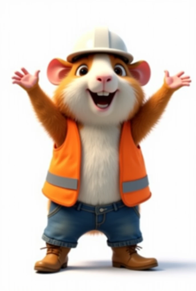 Make me an animated guinea pig ,  with a white civil engineers helmet,  with steel toe boots , jeans and orange vest. Be tall and skinny , that is smiling, looking straight ahead and raising your arms. With small ears.  With a completely white background  