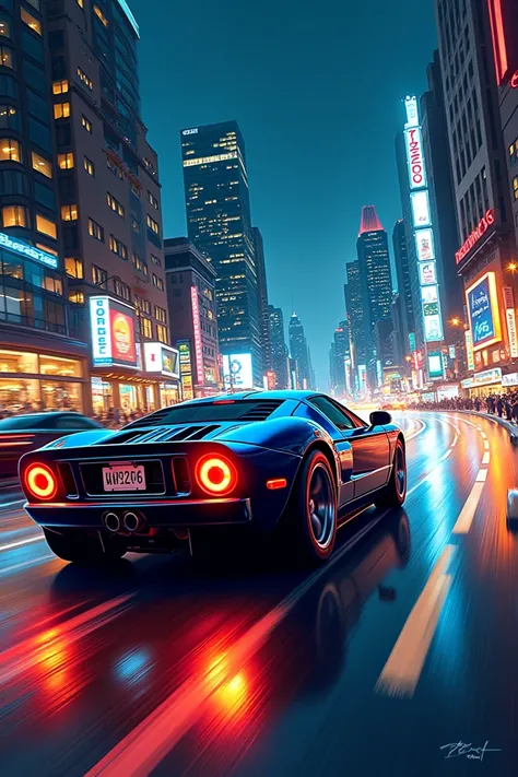 Make an illustration in the form of a drawing of a 2005 Ford GT car being driven at high speed that in the background is a city illuminated at night and as much as possible that looks like a drawing 