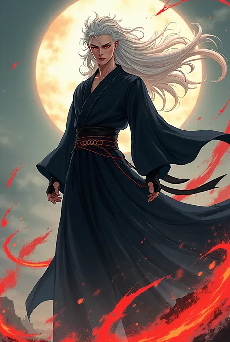 Create a murim cultivator , With big white hair, wears a black robe ,  with red eyes ,  a 20-year-old adult ,  high. I want it in the shape of a manhwa