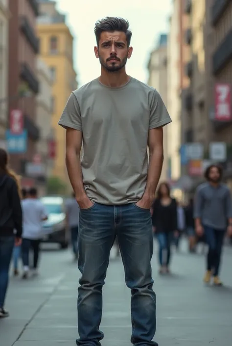 Real person 29 year old man ,  in casual clothes and with a worried face on the street