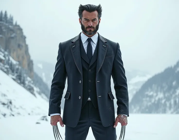 Wolverine in suit standing infront of viewers in snow 