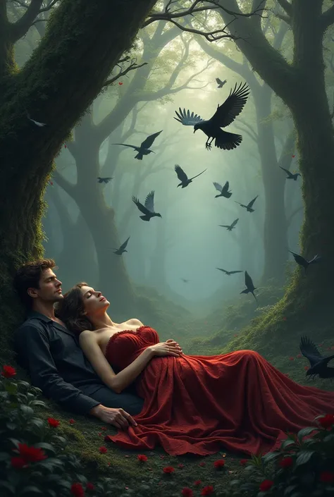 A man and a woman in a red dress ,  are waking up and they are in a forest full of thousands of crows