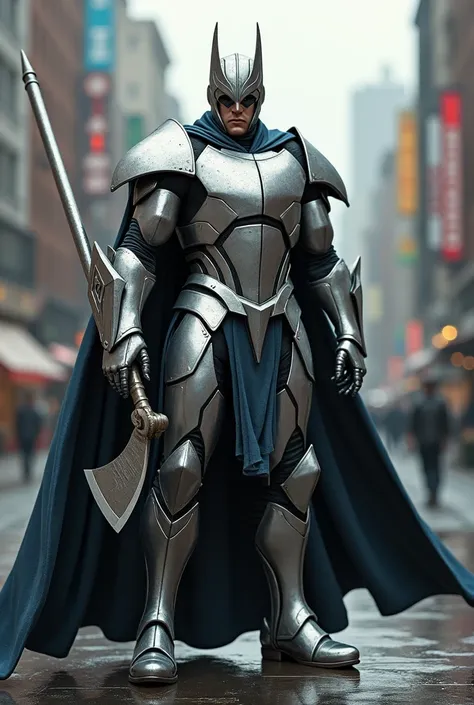 Realistic adult male superhero in a city ,  wrapped in a full heavy pointed triangular silver metal armor with a metallic silver helmet that reveals the face,  holding an axe with a long silver metallic rod with both hands  