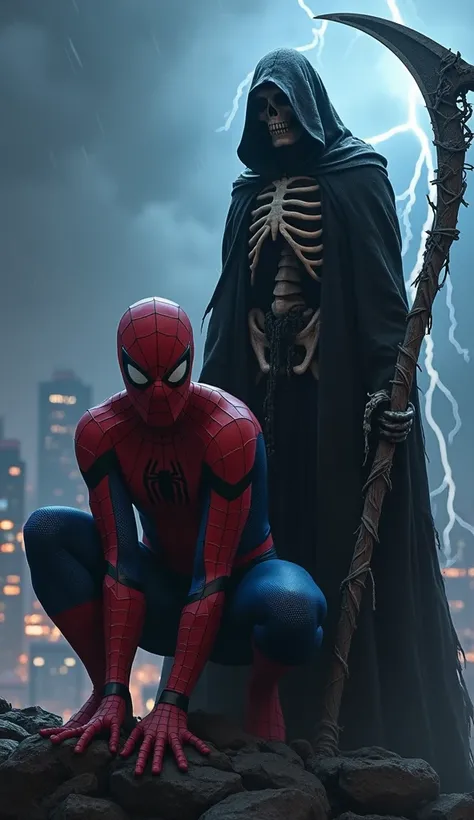 An ultra-realistic image of Spider-Man standing side by side with Death, depicted as a dark, skeletal figure in a tattered black cloak. Spider-Man is in his classic red and blue suit with a sleek, detailed texture, crouching in a defensive, ready-to-attack...