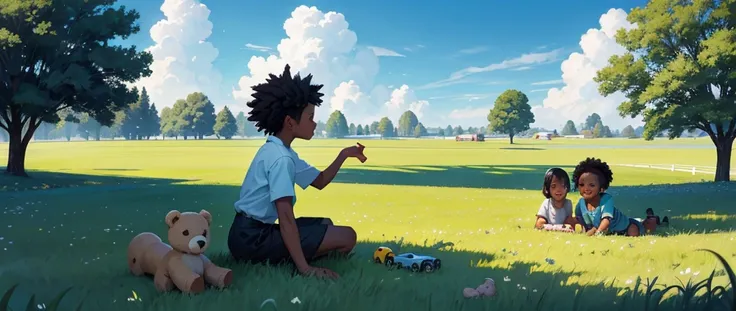 scenery of an open field. green grass on the ground. clouds in the sky, very blue and beautiful. Black and white ren playing in the field. A black afro boy, a white boy playing with toy cars. 3 white girls and a black girl playing with a stuffed bear.