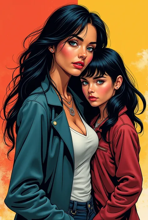  Create a comic book cover image of a mother,  daughter and her daughters boyfriend ,  mother and daughter have black hair ,  the mother must be beautiful and attractive , The 18-year-old daughter  