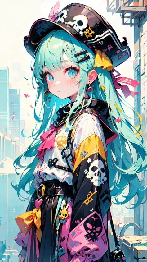 Seizo Watase Style、"cute, beautiful, Adorable girl wearing pink clothes, yellow, and baby blue color scheme. She is wearing a costume with a SKULL motif inspired by a female pirate.。.。.。.。.。.。.... Fashionable hats, rock、Comes with decorative accessories su...