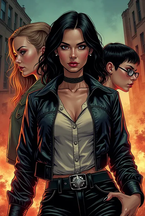  Create a comic book cover image of a mother,  daughter and her daughters boyfriend , Mom must be attractive 