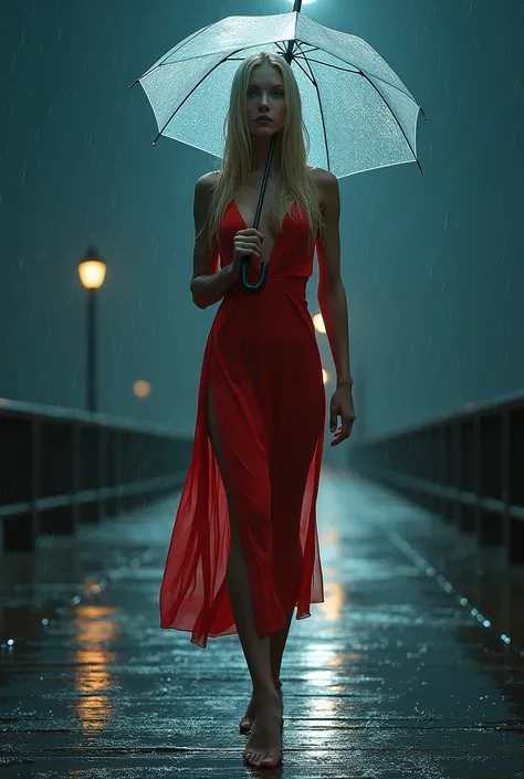 A beautiful slim body woman ultra-realistic, thin waist, tall superwoman with long wet blonde hair, blue eyes, perfect wet skin, water droplets on the skin and a red plain summer dress, walking wetly along a boardwalk in the rain, transparent umbrella held...