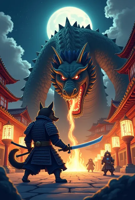 A cartoon-style illustration depicting a samurai dog in armor wielding a sword, facing off against a massive dragon that breathes fire. The backdrop features traditional Japanese architecture illuminated by glowing lanterns, with a full moon casting a dram...