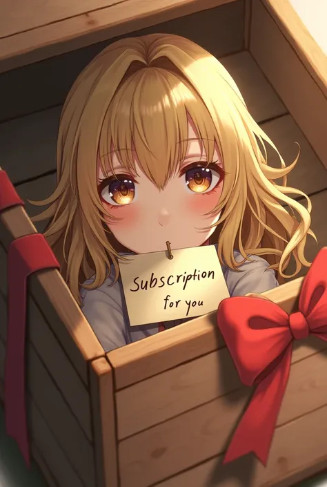 A beautiful girl with Brown eyes and blond hair in a box tied with a ribbon and a note in her mouth with the inscription subscription for you 