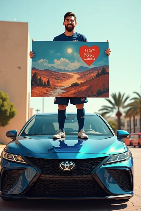 Messi is smiling and holding a big painting in his hand and standing on a Camry 2025 car and holding a painting in his hand that says iLove You Hashem 