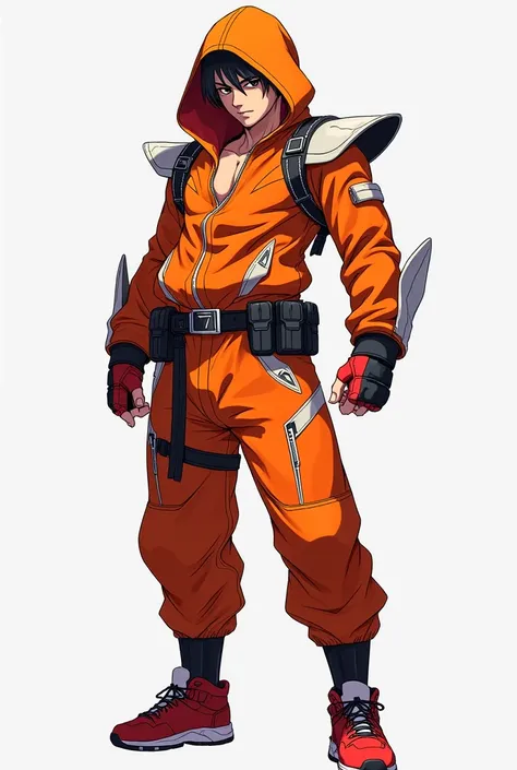  Create an anime clothing design,original, models .orange colors, red and white details , the fighting style clothing , combat and some secrets .Make 4 undetailed 