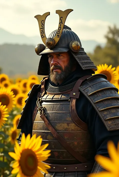 Samurai warrior: an epic ,  powerful helmet after a bloody battle in a sunflower field with the name of Carlos