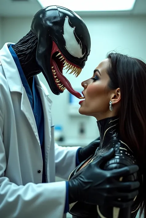 venom in a doctors uniform in a hospital, examining the tongue of a female superhero as patient