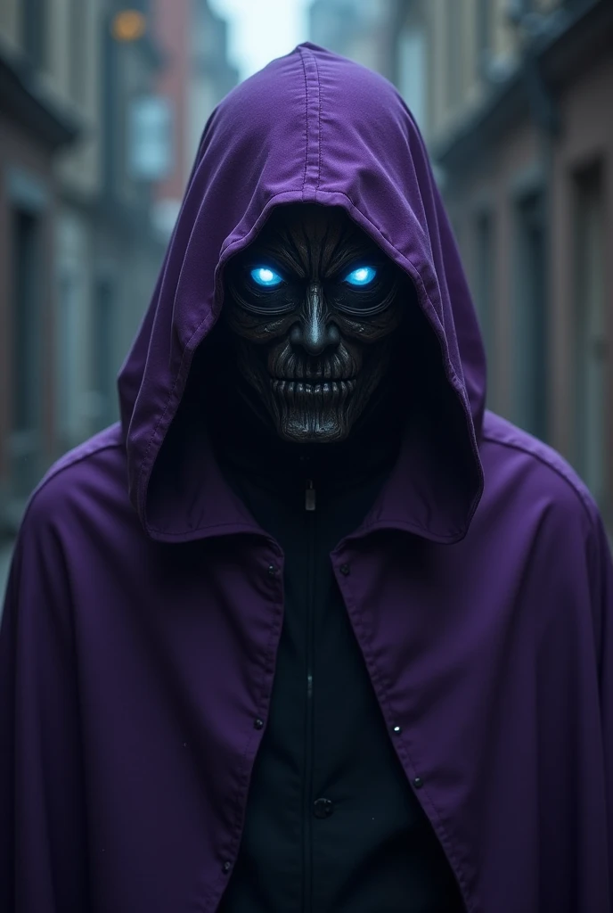 A person with a dark purple cape and ,  masks can only see their blue eyes and it is not known if they are a man or a woman