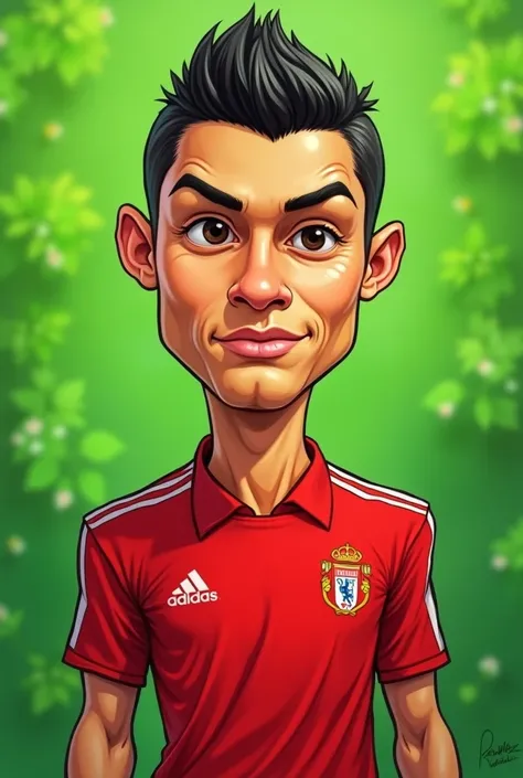 An avatar of Cristiano Ronaldo wearing a red , green background.  that doesnt have any balls and is still posing and looking at the camera. Let it be a handmade drawing , And that he is short and has a big head . Let it not be so realistic, plus a cartoon ...